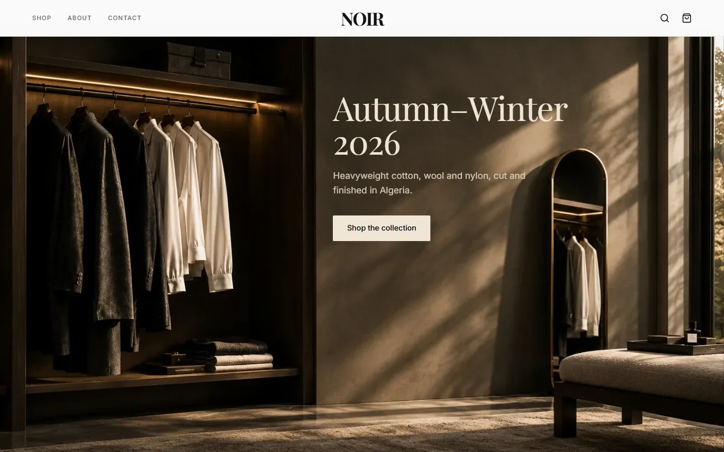 NOIR storefront home page with an editorial autumn–winter collection banner