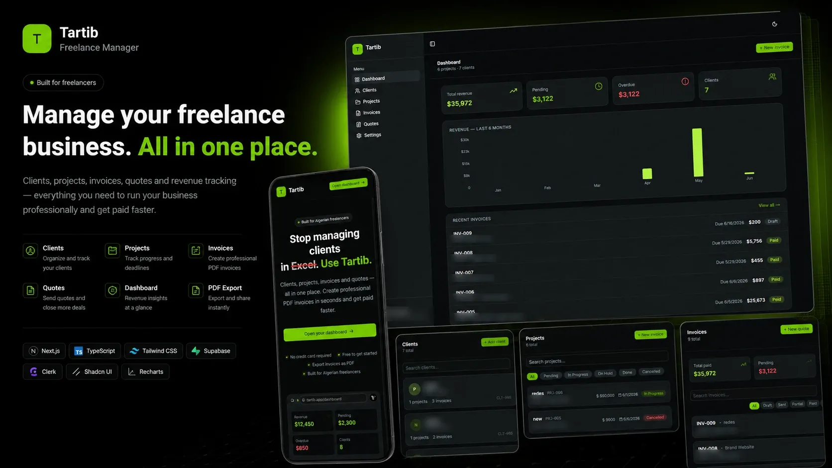 Tartib on desktop and phone: revenue dashboard, clients, projects and invoices